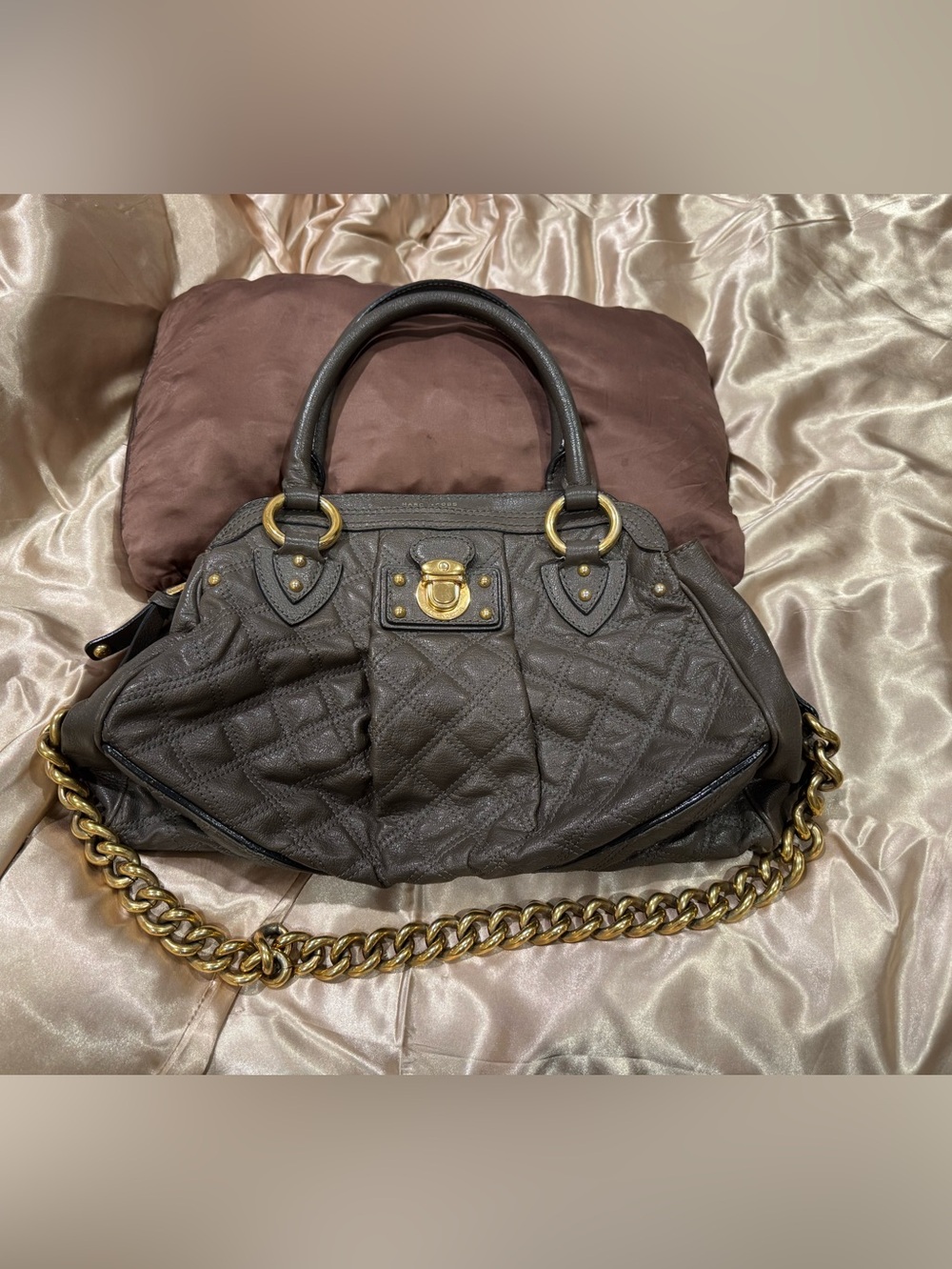 Marc Jacobs Quilted Gray Leather Shoulder Bag with Gold Hardware
